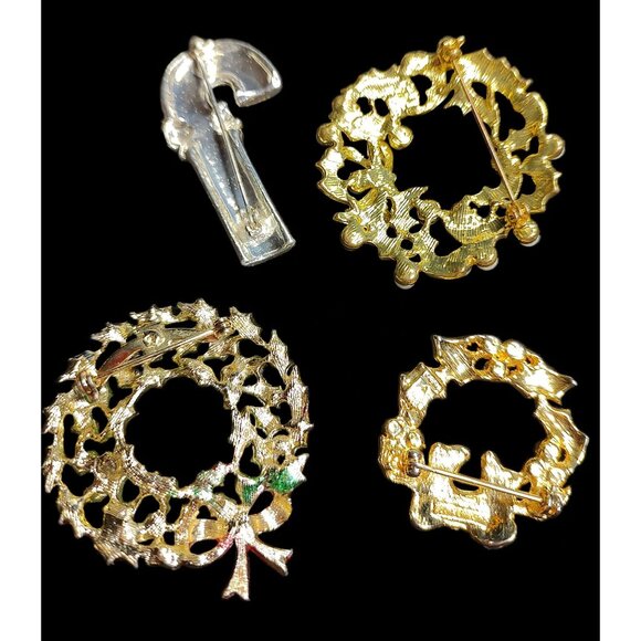 Set Of 4 Christmas Brooches: (1 Merksamer) Wreath & Candy Cane Enamel, Vintage - Picture 2 of 11